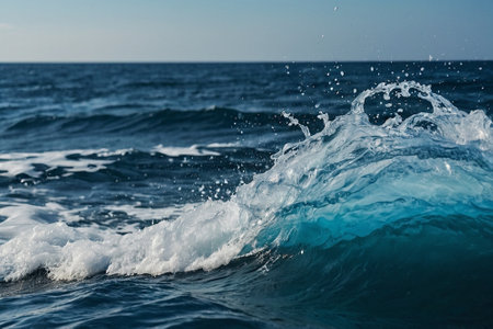 Splashing wave in the sea. Blue water with white foam and splashesの素材