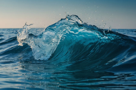 Blue ocean wave with splashes and drops of water. Natural backgroundの素材