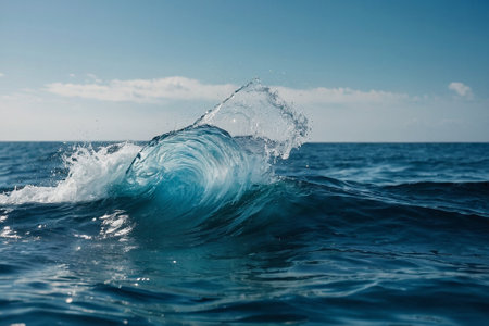 Blue ocean wave with splashes and drops of water on the surfaceの素材