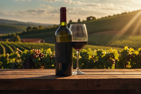 Wine bottle and glass on wooden table in vineyard at sunsetの素材