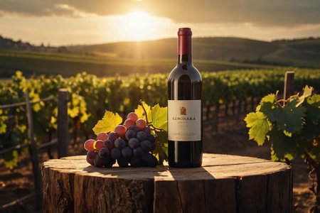 Bottle of red wine on wooden table in vineyard at sunsetの素材