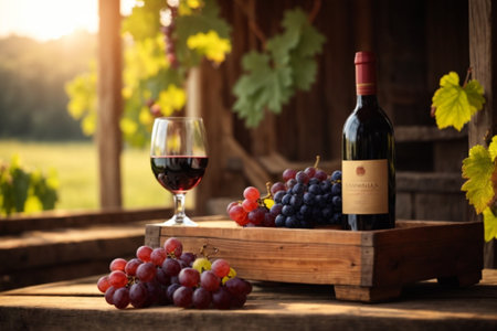 Glass of red wine and grapes on wooden table in vineyard.の素材
