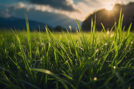 Green grass with sunlight in the morning. Natural background. Selective focus.の素材