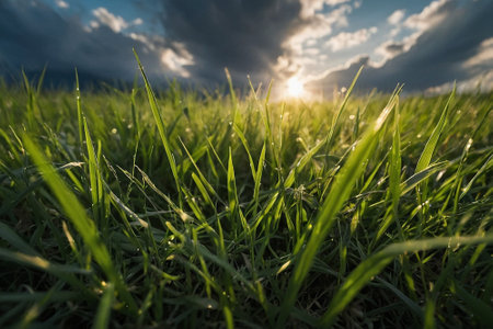 Green grass with dew drops in the meadow at sunset.の素材
