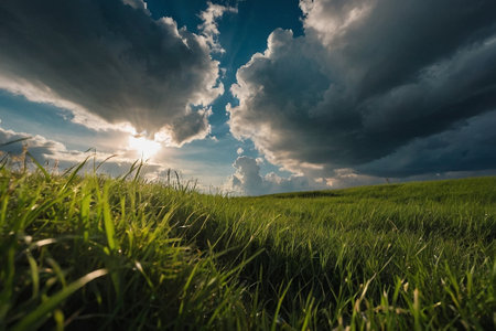 Green grass and blue sky with clouds at sunset. beautiful nature backgroundの素材