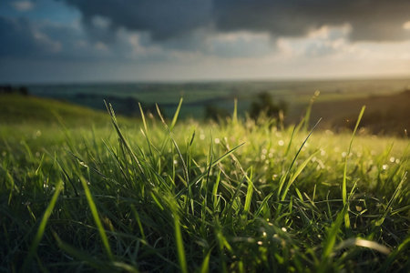 Dew drops on the green grass at sunset. Nature background.の素材