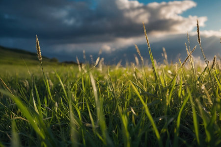 Grass in the meadow at sunset. Shallow depth of field.の素材