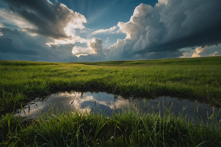 Rice field in the evening with dramatic sky and cloud background.の素材