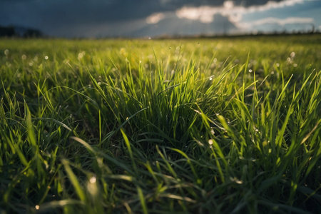 Green grass with dew drops in the sunset light. Nature backgroundの素材