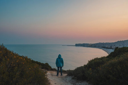 A girl in a blue jacket looks at the sea and the sunsetの素材