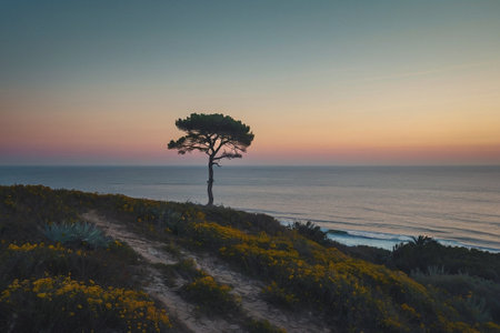 Pine tree on the coast at sunset, San Diego, Californiaの素材