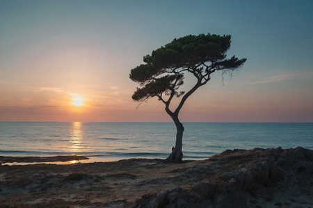 Pine tree on the beach at sunset in Costa Brava, Catalonia, Spainの素材