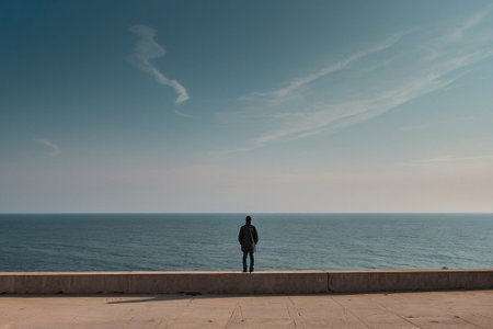 Man standing on the waterfront, looking at the sea and blue skyの素材
