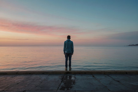Young man standing on the pier and looking at the sea at sunsetの素材