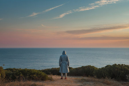 Woman looking at the sea at sunset. Rear view of a woman looking at the sea.の素材
