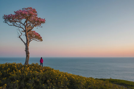 Young woman standing on top of a tree and looking at the oceanの素材