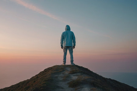 Man standing on the top of a mountain and watching the sunset.の素材