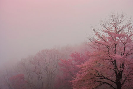 pink cherry blossoms in the mist, closeup of photoの素材