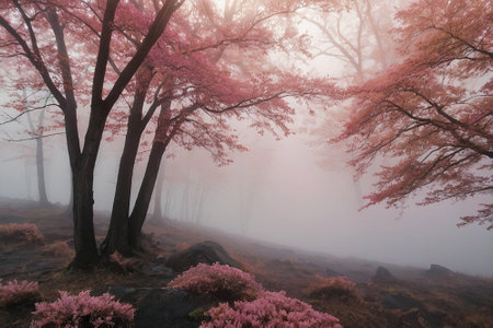 Beautiful pink sakura trees in a foggy forest in autumnの素材