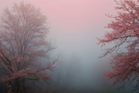 Cherry blossoms in the misty morning, natural background.の素材
