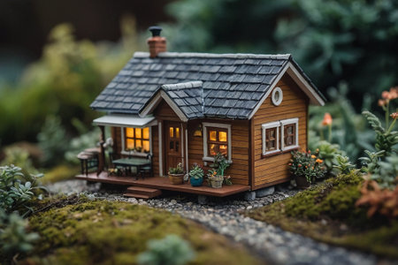 Miniature model of a house in the garden. Selective focus.の素材