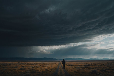 Silhouette of a man walking towards a storm in the prairieの素材