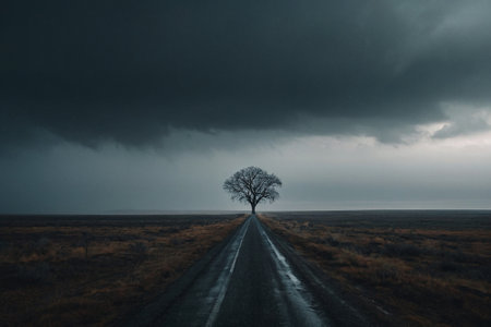 A lonely tree on a road in the middle of a field.の素材