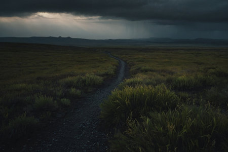 Dramatic dark stormy sky over a grassy field in Icelandの素材