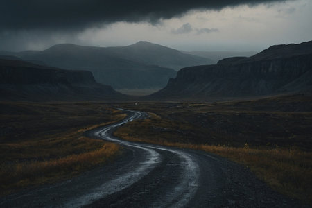 Road in the mountains of Iceland. Dramatic sky with clouds.の素材