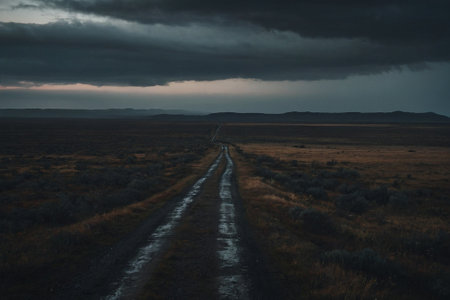 Road in the steppe on a cloudy day. Toned.の素材