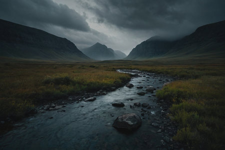 Beautiful mountain landscape with a mountain river in the valley in Icelandの素材