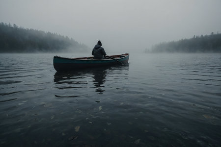 Fisherman in a boat on a foggy lake in the morningの素材