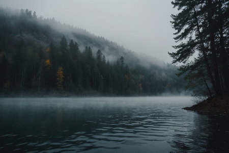 Foggy morning on the lake in the mountains. Autumn landscapeの素材