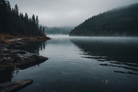 Foggy morning on the lake in the mountains of Canada.の素材