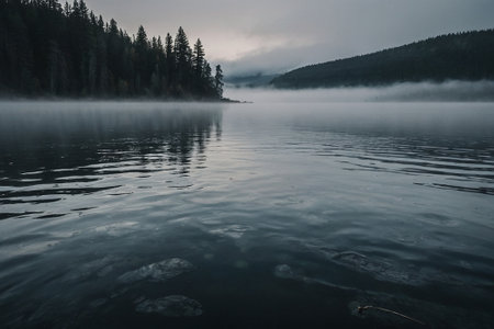 Misty morning on the lake in the mountains. beautiful nature backgroundの素材