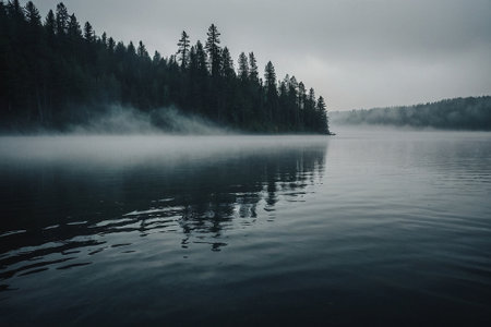 Foggy morning on the lake. Black Forest, Germany.の素材