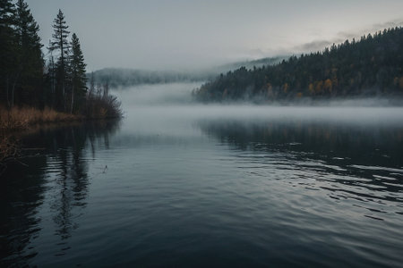 Foggy morning on the lake. Beautiful autumn landscape with fogの素材