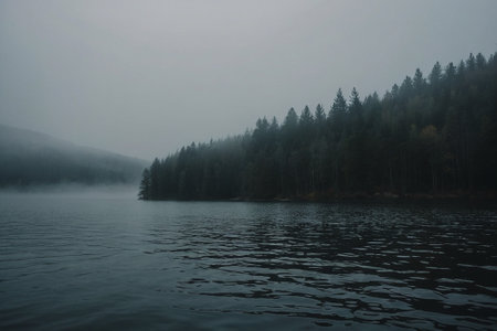 Foggy morning on the lake in the mountains. Landscape.の素材