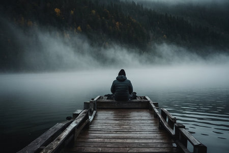 Young man sitting on a pier and looking at a foggy lakeの素材