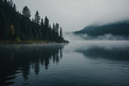 Lake of the Woods, Ontario, Canada in a foggy dayの素材