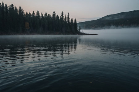 Foggy morning on the lake. Autumn landscape with fog.の素材