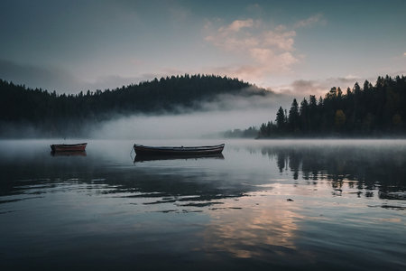Foggy morning on the lake with wooden boat in the foregroundの素材