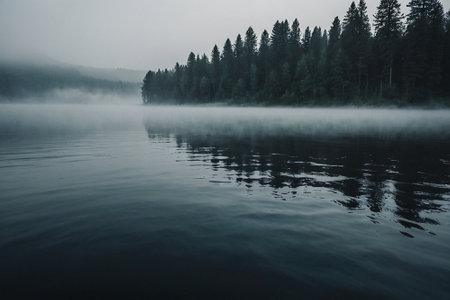 Foggy morning on the lake in the mountains. Beautiful landscape.の素材