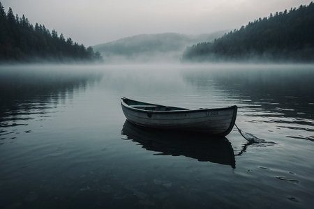 Foggy morning on the lake in the forest. Boat on the lake.の素材