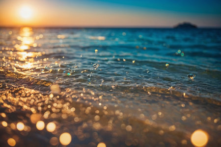 Beautiful sunset on the sea. Water drops on the beach.の素材