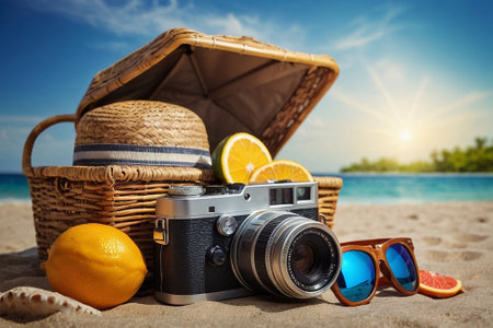 Straw hat, camera, sunglasses, orange and wicker basket on the beachの素材
