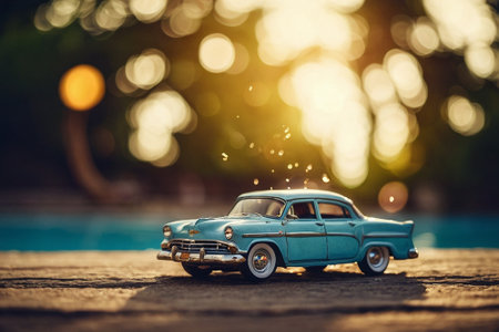 Vintage toy car on the beach at sunset time. Travel and vacation concept.の素材