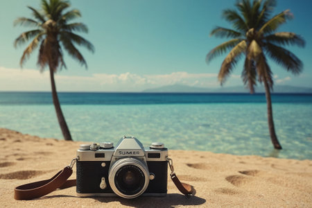 Vintage camera on the beach with palm trees and sea background.の素材