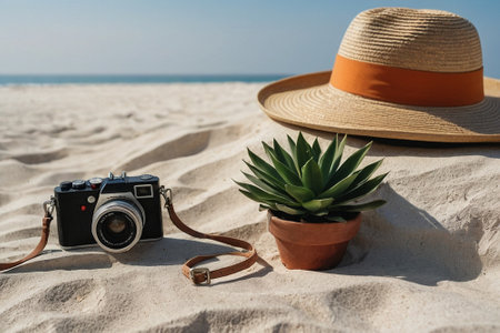 Vintage camera, hat and succulent on sandy beach. Travel conceptの素材