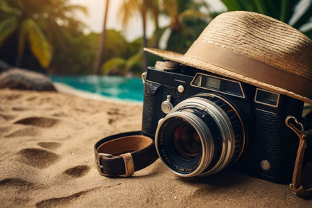 Vintage camera and hat on the sand beach with palm trees backgroundの素材